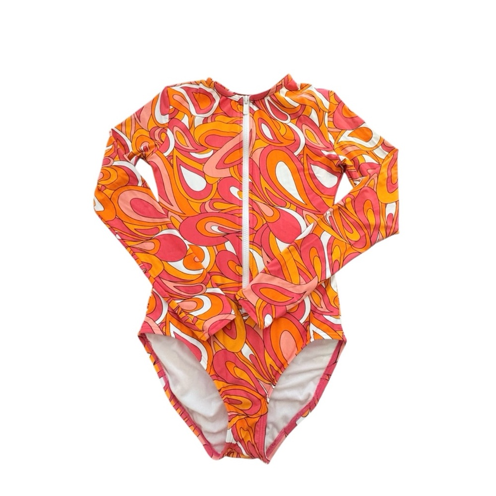 Michael Kors Long Sleeve Rashguard Zip Geometric‎ Orange Pink Swimsuit Size 6
